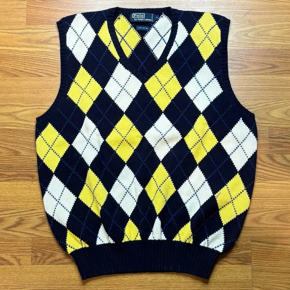 Vtg Polo Ralph Lauren Argyle Sweater Vest L Navy Yellow Cotton Preppy V Neck Y2K
